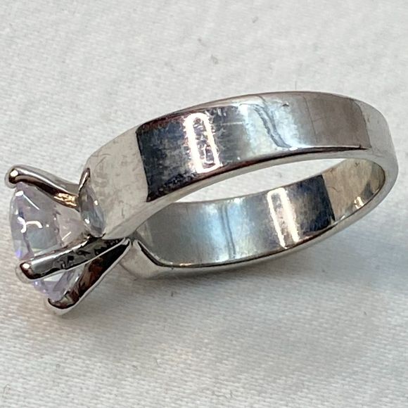 Classic Engagement Ring Faux Diamond Prong Setting Silver Tone - Picture 7 of 9